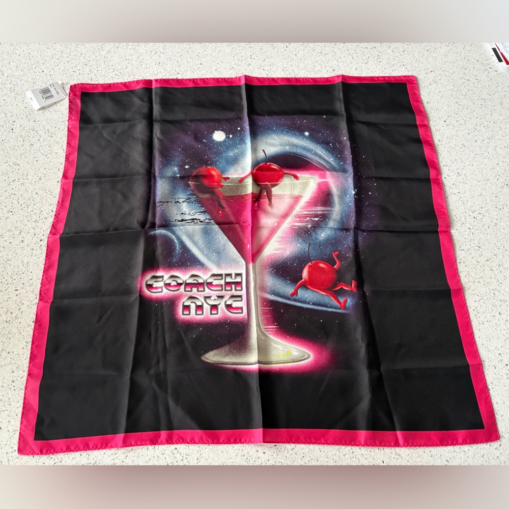 COACH NWT Martini Print Silk Bandana/Scarf - Black & Pink Cherry Design